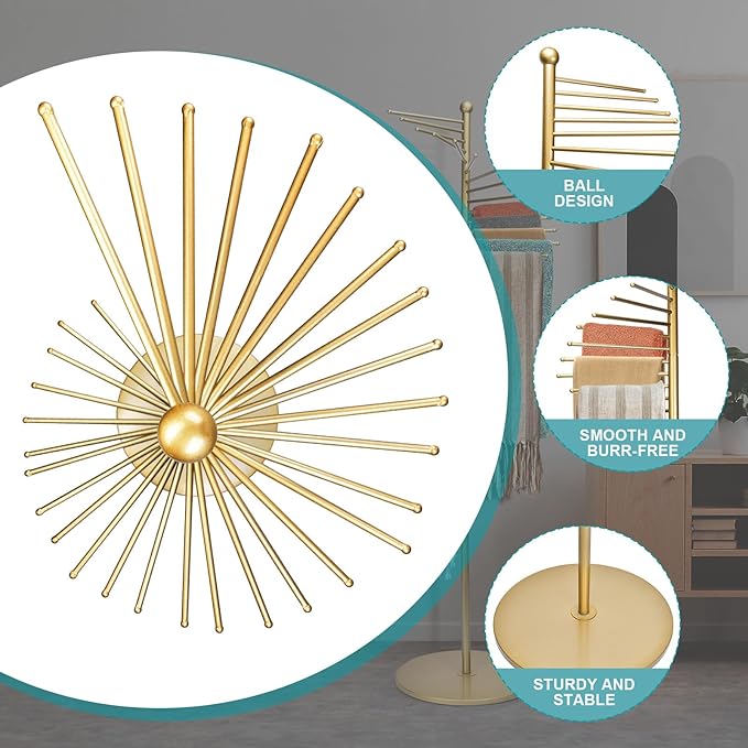 Metal Scarf Rack, Freestanding Spiral Scarf Holder Commercial Hijab Organizer Belt Pants Hanger with 30 Rods for Clothing Store Home, Space Saving Shelves (Color: Gold, Size: 17''x67'')