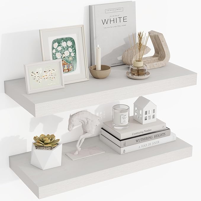 Acovy 24 Inch Floating Shelves, 24"x9.25"x1.5" Inch Deep Floating Shelves for Wall, Wooden Shelves for Bathroom, Bedroom, Living Room, Cream White Oak, 2 Pieces