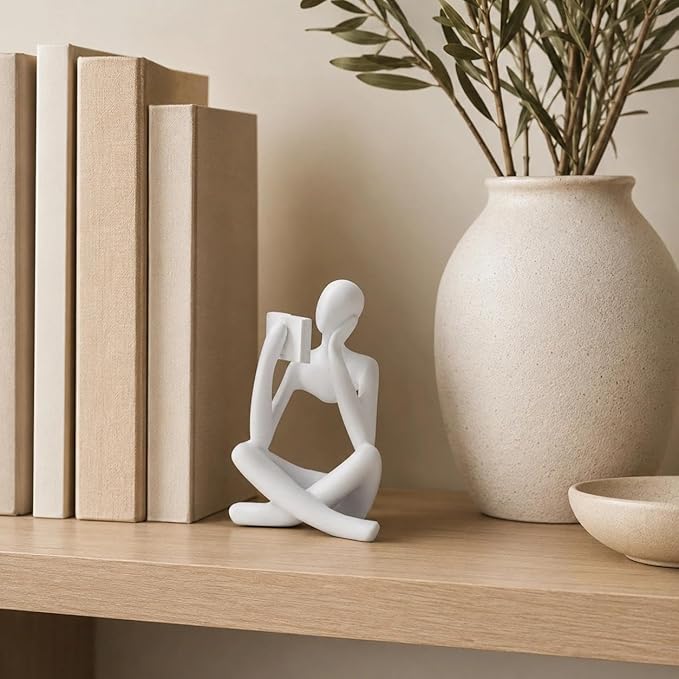 White Bookshelf Decor Thinker Statue, Abstract Reading Figurine Style B, Resin Decorative Bookend for Coffee Table, Shelf, Home Office, Library