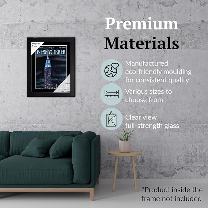 Creative Picture Frames 8 x 11.5 Magazine Frame with Full-Strength Glass, Holds Up To A 1/4" Thick Media with Installed Hangers for Easy Mounting, 11x14 Black Frame with Black Mat