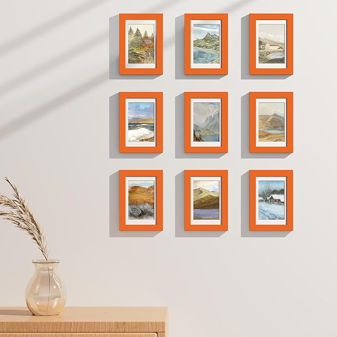 Vittanly 4x6 Picture Frames Set of 9, Shatter Resistant Plexiglass, Display 3.5x5 Pictures with Mat or 4x6 without Mat, Photo Frames for Wall or Tabletop, Engineered Wood, Orange