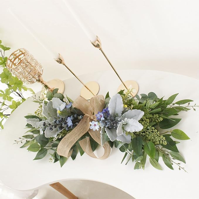 Artificial Eucalyptus Swag with Daisy Flower 25.6in Greenery Swag with Bow and Flocking Leaves Berries Farmhouse Decorative Swag for Home Wedding Wall Door Decor
