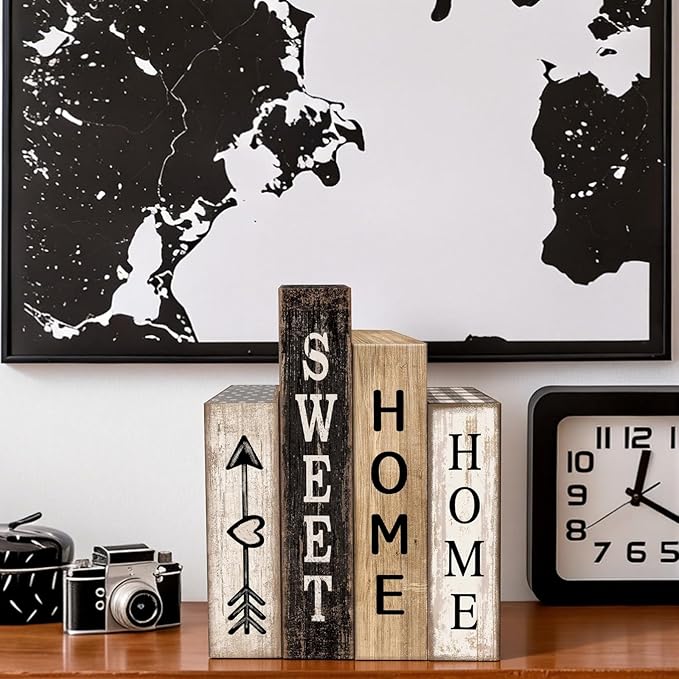 Lineshading 4 Pcs Farmhouse Table Decor Wooden Books Home Sweet Home Tiered Tray Decor Rustic Wood Block Sign Housewarming Gifts Neutral Centerpiece Farmhouse Stacked Decoration for Shelf Mantle
