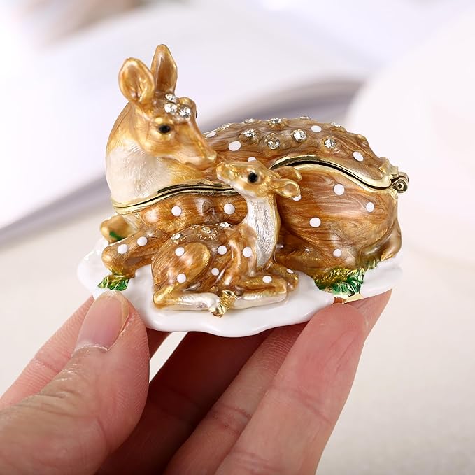 Hand Painted Trinket Box for Home Decor Accents, Enamel Hinged Jewelry Box for Bookshelf Office Table Desk Decoration, Classical Figurine Collectible Keepsake Animal Sculptures (Sika Deer)
