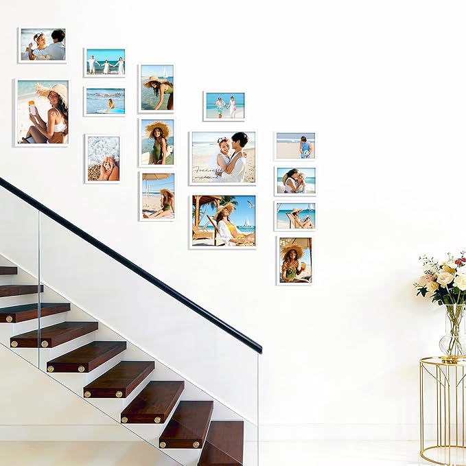 15 Pack Picture Frames Collage Wall Decor, White Frame Set with 3pcs 8x10, 6pcs 5x7, 6pcs 4x6 for Gallery Display, Wall Mounting & Tabletop, Bulk Photo Frames for Living Room Decor