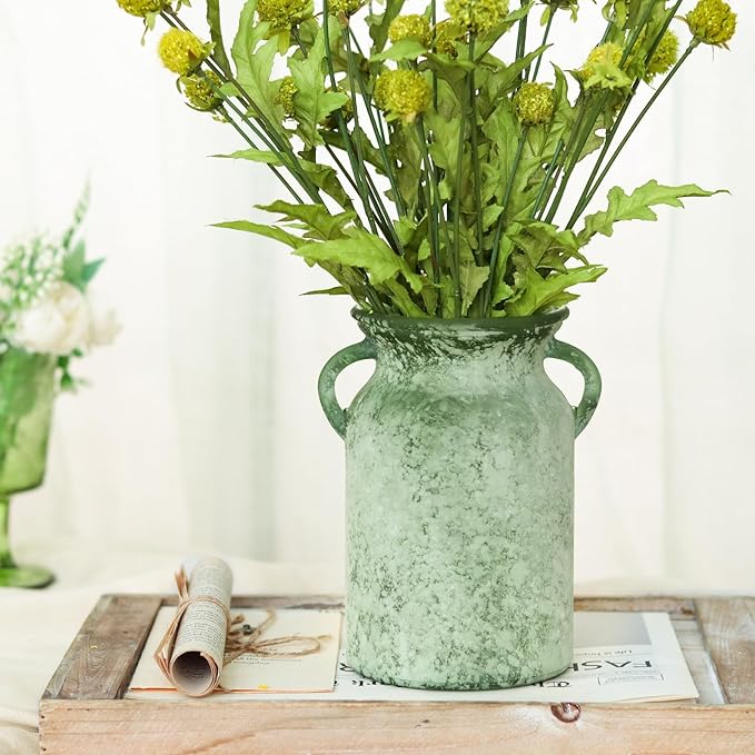 Glass Flower Vase with Handle – 8 Inches Rustic Imitation Ceramic Vase for Flowers, Vintage White Green Centerpiece Decor for Farmhouse, Modern Home, Table & Holiday Decorations