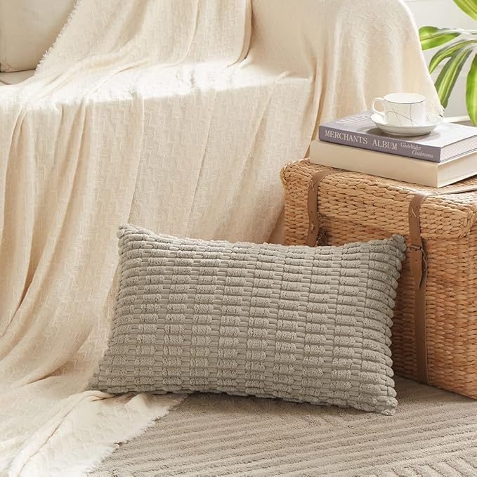 Fancy Homi 4 Packs Neutral Long Lumbar Decorative Throw Pillow Covers 12x24 Inch for Living Room Couch Bed, Boho Home Decor, Soft Striped Corduroy Rectangle Accent Beige Cushion Case 30x60 cm