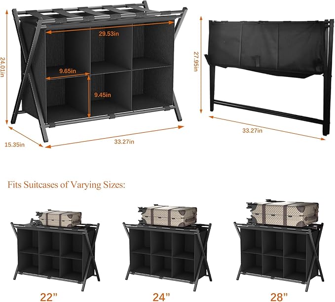 Luggage Rack for Guest Room, Folding Suitcase Stand with 6-Cube Fabric Storage Shelf, Luggage Holder, Steel Foldable Luggage Stand for Guest Room, Bedroom, Hotel, Black