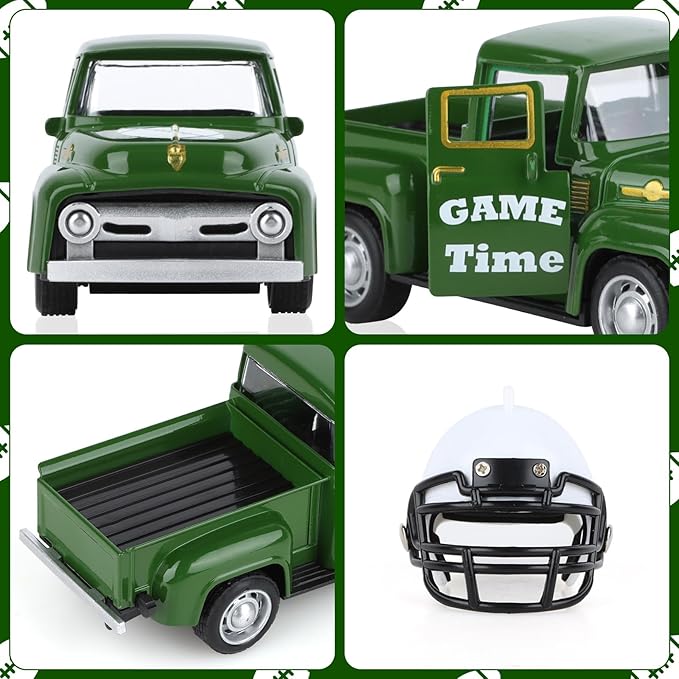 Football Metal Truck with White Football Helmet Farmhouse Vintage Green Truck Decor for Room Farm Metal Car Home Decors Mini Vintage Car Collectible Gift for Home Desk Bookshelf