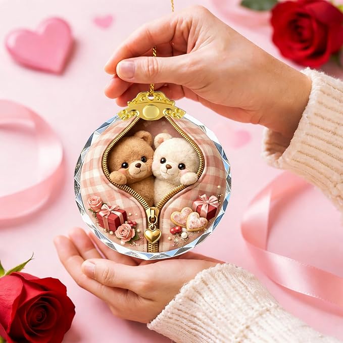 Crystal Teddy Bear Couple Ornament Suncatcher Home Decoration Car Interior Decorations Charm Pendant for Men Women Teens Graduation Gifts Friendship Birthday Gifts for Friend Female Xmas Gifts