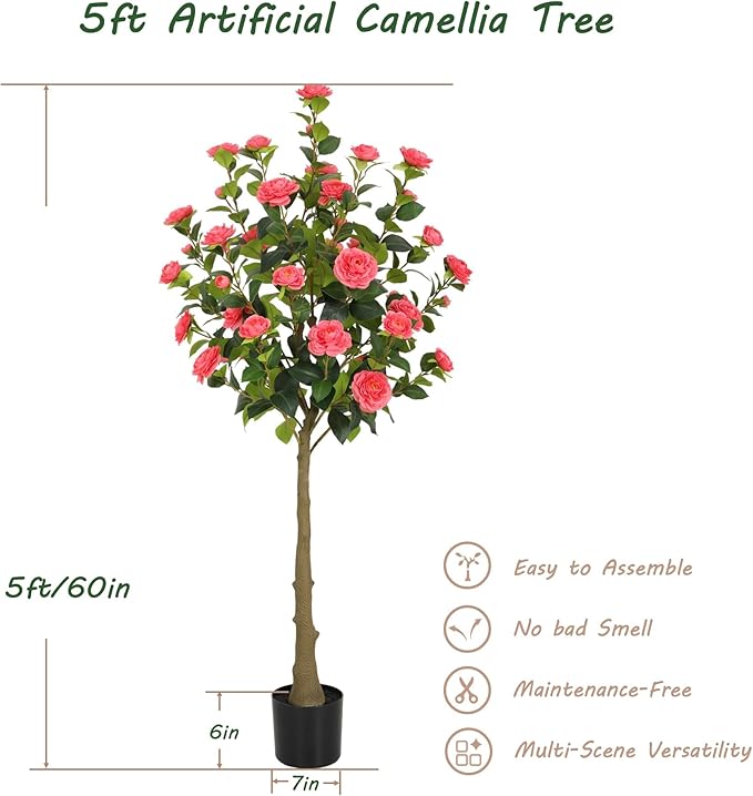 Bellacat 5ft Artificial Camellia Tree with Silk Pink Flowers, 60in Faux Camellia Plant with Lifelike Trunk, Fake Flower Tree Potted Front Door Plants for Porch Patio Deck Living Room Decor, 2Pack