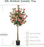 Bellacat 5ft Artificial Camellia Tree with Silk Pink Flowers, 60in Faux Camellia Plant with Lifelike Trunk, Fake Flower Tree Potted Front Door Plants for Porch Patio Deck Living Room Decor, 2Pack