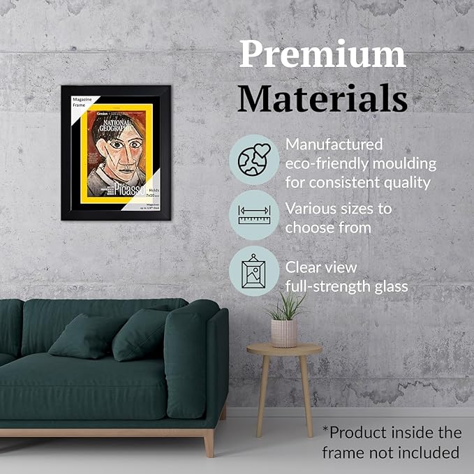 Creative Picture Frames 7 x 10 Magazine National Geographic Frame with Full-Strength Glass, Holds Up To A 1/4" Thick Media with Installed Hangers for Easy Mounting, 8x12 Black Frame with Black Mat