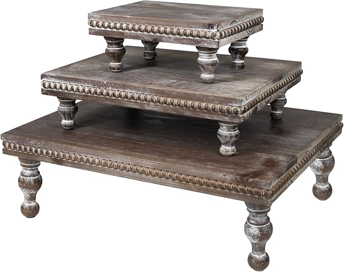 MAONAME Wood Display Risers Decorative Tray Set of 3, Farmhouse Pedestal Stand for Display Home Decor, Vintage Brown Beaded Wooden Tray for Kitchen Counter, Short and Tall Footed