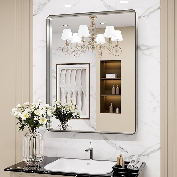 LOAAO 24X32 Inch Brushed Nickel Bathroom Mirror, Rounded Rectangle Silver Metal Frame Mirror, Brushed Nickel, Anti-Rust, Shatter Proof, Hangs Horizontally or Vertically