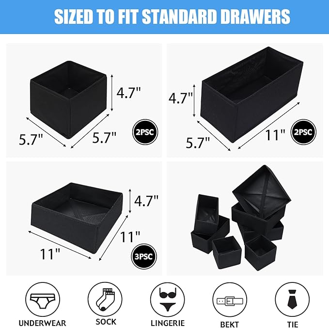Pomety Foldable Drawer Underwear Drawer Organizer Foldable Dresser Clothes Storage Box Dresser Drawer Divider Organizers Bins for Clothes, Underwear,Socks, 7 Pack （Black）