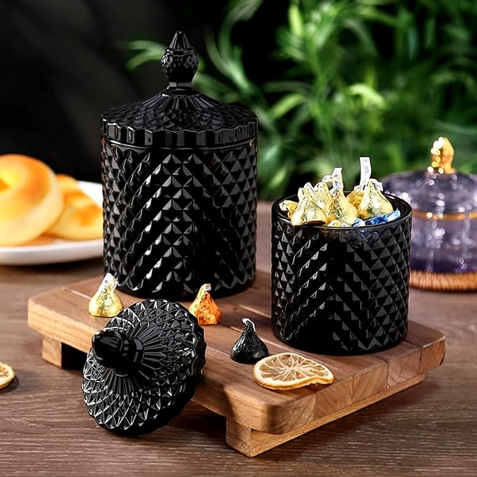 Aoriher 4 Pcs Crystal Glass Candy Jar Set with Lids Home Decorative Storage Jars for Apothecary, Bathroom, Kitchen, and Pantry, Ideal for Cotton Swabs and Jewelry(Medium,Black)