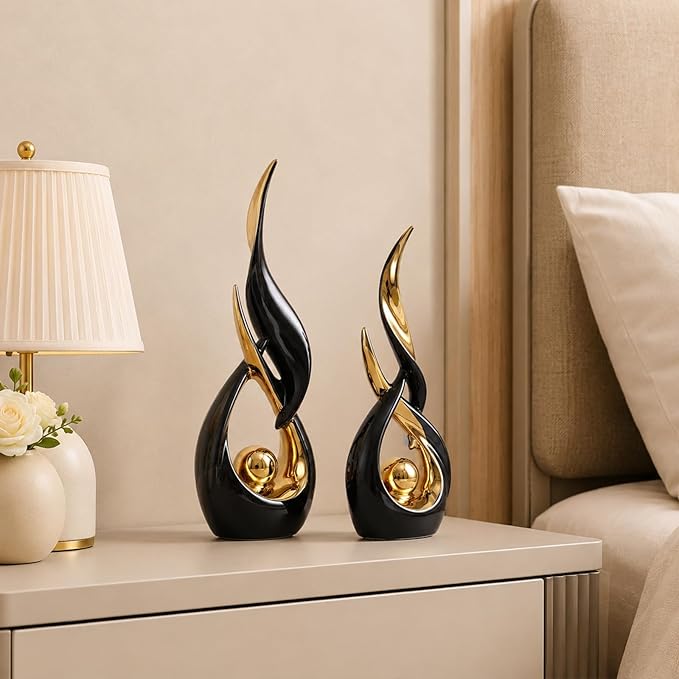 2 PCS Black Gold Ceramic Statues For Home Decor Accents, Modern Abstract Art Sculptures, Elegant Tabletop Decorative Objects For Dining Room, Entryway, Tv Stand, Mantel, Coffee Table Centerpieces
