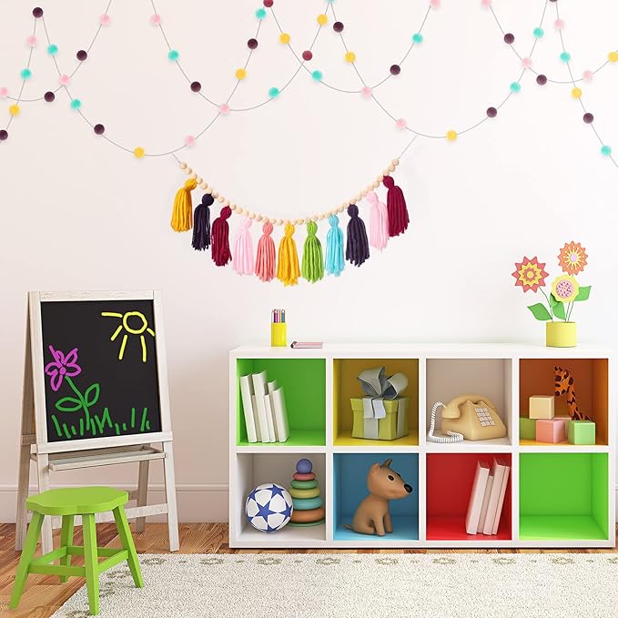 Syhood 3 Pcs Boho Tassel Garland Wall Hanging Decor 1 Boho Tassel Garland with Wood Beads and 2 Western Colorful Pom Pom Ball for Classroom Party Wedding Baby Shower Home Decorations(Fresh Colors)