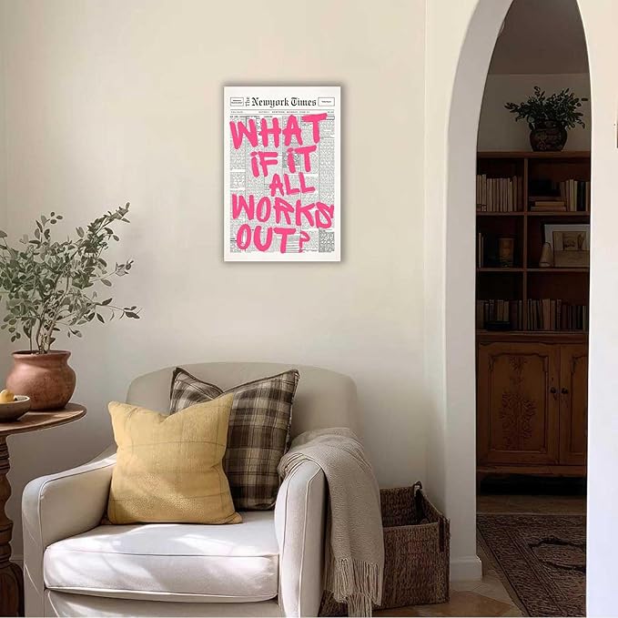 Drimiler Retro Newspaper Pink Font Poster What If It All Works Out Canvas Wall Art Positive Affirming Quote Minimalist Prints Painting For Home Bedroom Dorm Wall Decor 12x16in Wframed