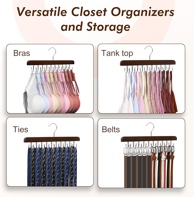 HOUSE DAY Belt Hanger for Closet 1 Pack, 20 Hooks Bra/Tie/Tank Top Hanger, Space Saving Hangers Storage Max 20 Belts/Ties, Sturdy Wooden Belt Rack Closet Accessories
