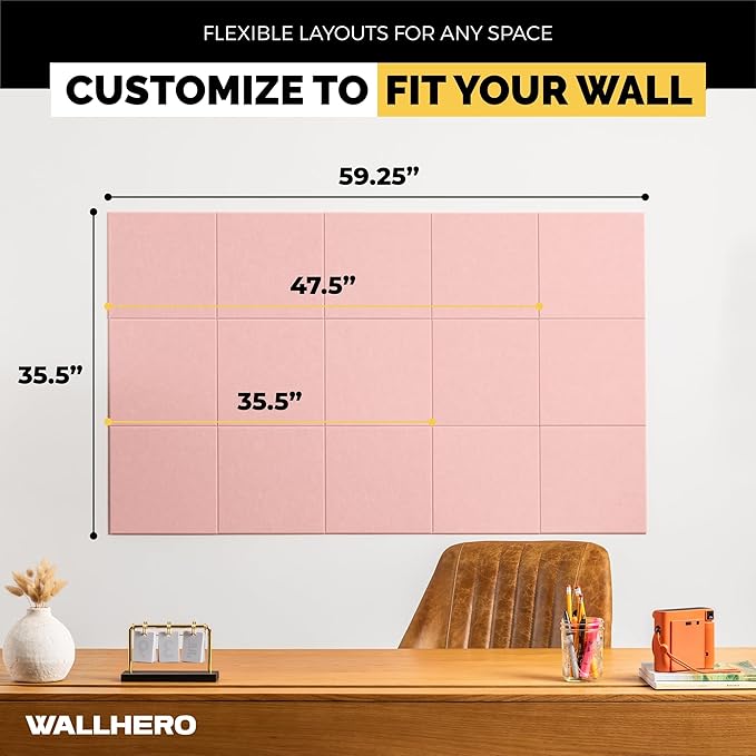 Vision Board - Cork Board for Walls, 59" x 36" | 15 Pack | Cork Board Tiles, Felt Bulletin Board, Large Corkboard, Cork Panel for Office, Felt wall Panels, Cork Panels, Corkboard Roll (Pink)