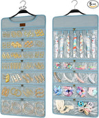 SMRITI Hanging Jewelry Organizer with Dual Zippered Pockets Canvas Double Sided Rotating Hanger Necklace Hanging Wall Organizer Earring Dustproof Holder Wall Mount Accessories Display Bag(Light Blue)