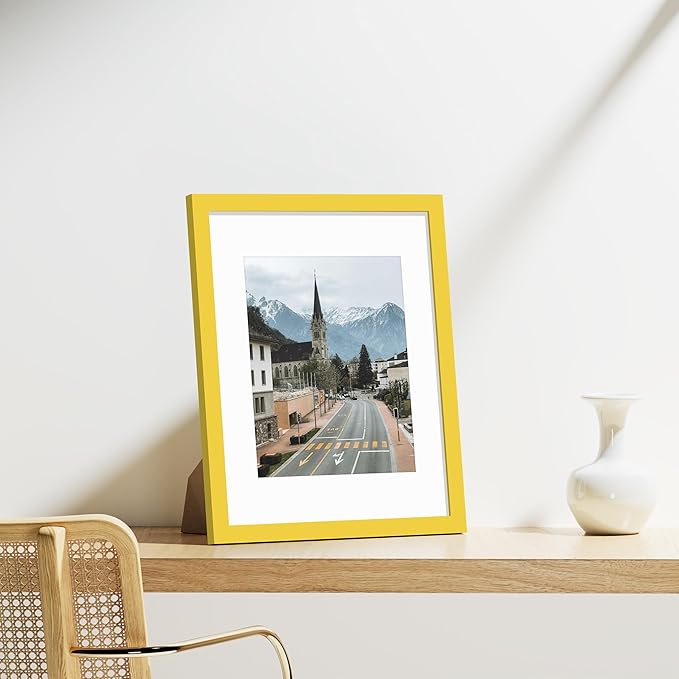 Vittanly 11x14 Picture Frames Set of 9, Shatter Resistant Plexiglass, Display 8x10 Pictures with Mat or 11x14 without Mat, Photo Frames for Wall or Tabletop, Engineered Wood, Yellow