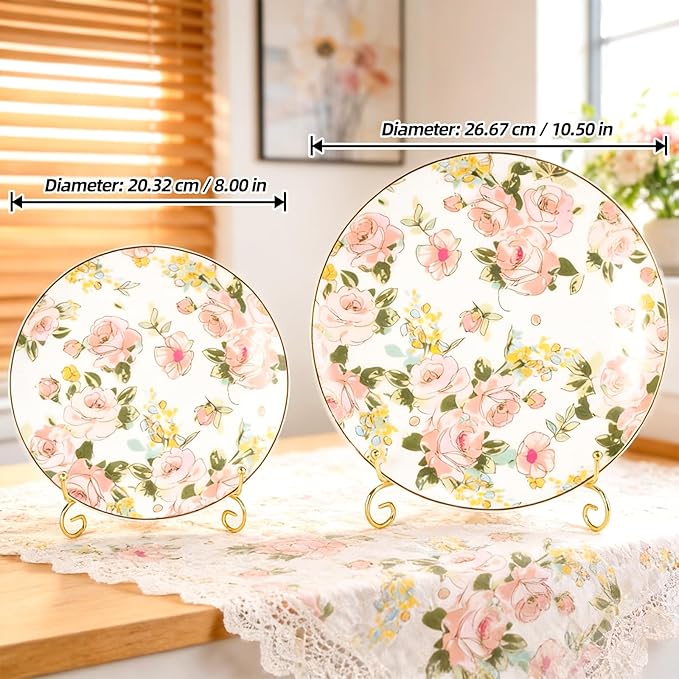 KAMMAK Ceramic Decorative Plate Set of 2, Porcelain Plates for Kitchen Dining Room Wine Cabinet Home Decor, Vintage Collector Plates with 2 Display Stand, Wild Rose (8-inch + 10.5-inch)