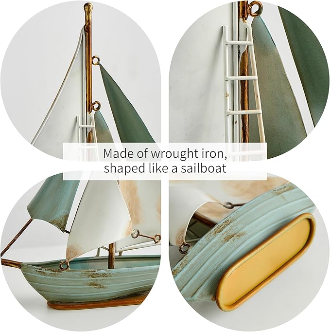 Retro Metal Sailboat Decor, Iron Nautical Sculpture for Home, Vintage Boat Figurine for Living Room Table, Office Desk, Bookshelf, Coastal Style Decoration (Blue & White)