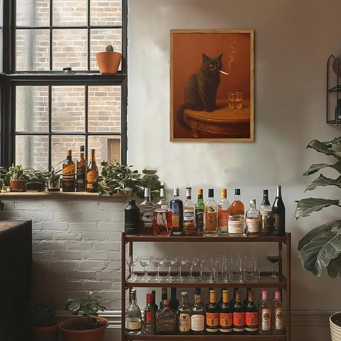 Framed Funny Black Cat Wall Art, Vintage Moody Cat Pictures Wall Decor, Humor Cool Animal Paintings Canvas Prints for Living Room Bedroom Bathroom Bar 12x16 inch