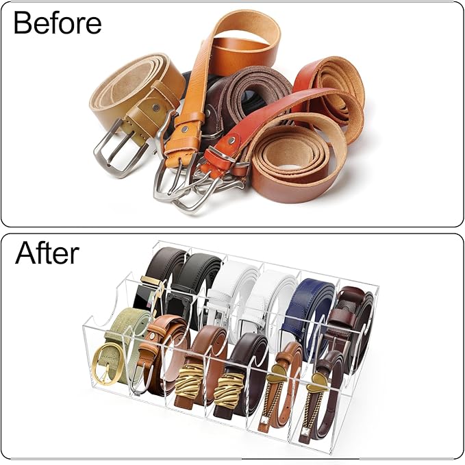 ZENFUN 12 Compartments Belts Storage Box, Acrylic Belt Organizer, Belt Container Storage Holder Clear Belts Display Case for Watch, Hair Accessories, Jewelry, Closet and Drawer