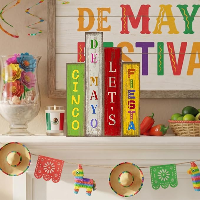 Lineshading 4 Pcs Cinco De Mayo Decor Wooden Books Stack Mexican Table Decorations Rustic Fiesta Tiered Tray Decor Sombrero Cactus Red Chili Centerpiece for Fiesta Mexican Birthday Party Decoration