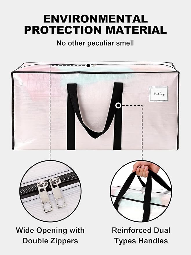 80 Pack Large Strong Moving Bags with Zippers & Carrying Handles - Water-Resistant - Heavy Duty Storage Tote for Space Saving, Fold Flat, Alternative to Moving Box (Semi-Transparent)