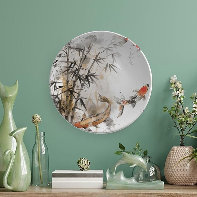 Ink Painting Theme Decorative Ceramic Plate Round Porcelain Plate,Tree and Fish Pattern,for Decorative Ornaments Giving Plates, 1 Plate with 1 Display Stand,Black White red,8 inch