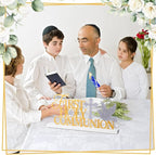 Teenyyou First Holy Communion Sign 1st Communion Decoration Baptism Centerpiece for Table God Bless Gift Metal Word Sign with Wooden Base for Baptism Shower Party Tabletop Desk Decor