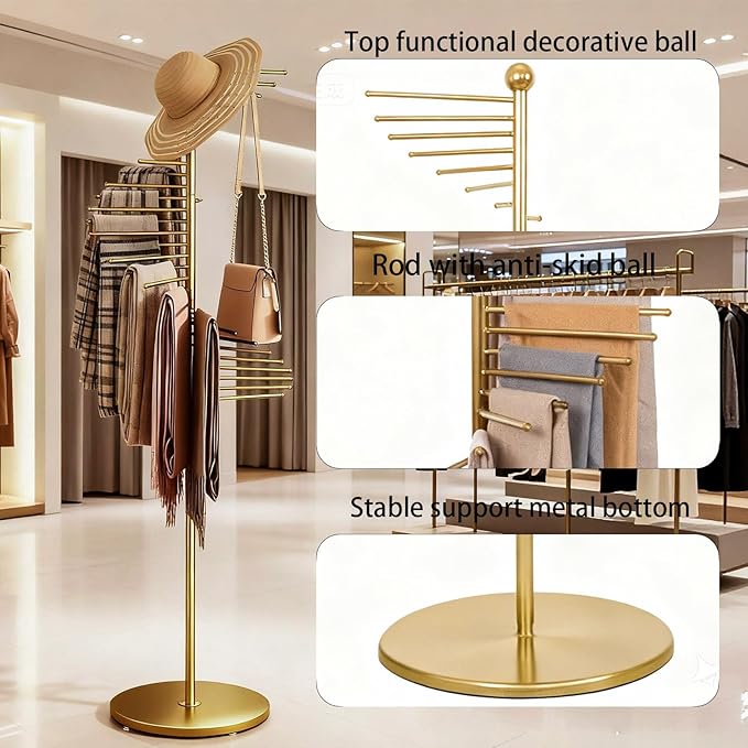 Scarf Hanger Organizer Stand Metal Scarf Display for Multiple Scarves Spiral Hijab Hanger Gold Tie Rack with 30 Bars Heavy Duty Pant Hanger Space Saving Commercial Holder for Tie, Belt, Chothes