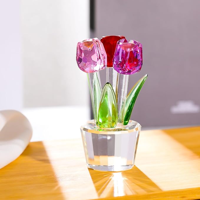 Movdyka Tulips Glass Flowers Figurines Crystal Decor Collectibles Colorful Flowers Bouquet Ornaments Tulip for Mom Women on Anniversary Wedding Christmas Valentines