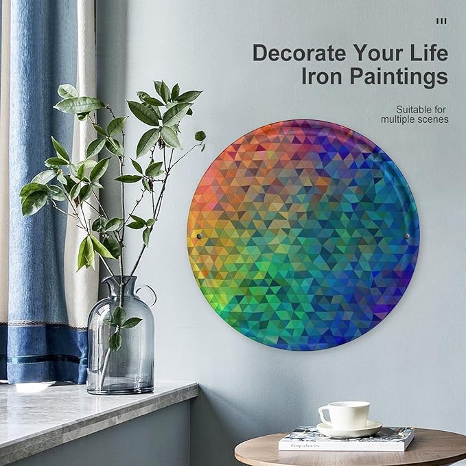 Wall Picture, with Rainbow Triangle Printed Circular Iron Hanging Picture,Wall Art Decor,Home for Bedroom Living Room Bathroom Decor,Iron Painting 11.8X11.8 in
