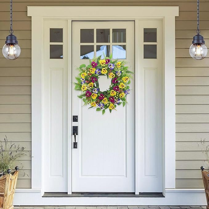 22 Inch Artificial Spring Summer Wreaths for Front Door,Pansy Flower Wreath with Eucalyptus Leaves,Berries,Ferns for Indoor Outdoor Wall Porch Festival Farmhouse Home Holiday Decor.