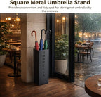 Square Metal Umbrella Holder Stand, Free Standing Umbrella Rack with Hollow Letter Pattern, Coated Steel Walking Stick Storage Bin for Indoor Entryway, Home, Office and Hotel