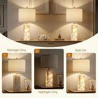 Scenekoy Alabaster Table Lamp Set of 2 with Night Light for Bedroom Living Room, 23" Rotary Switch Bedside Lamp with Linen Shade, Modern Nightstand Lamps for Room Office Dorm (Bulb Included)