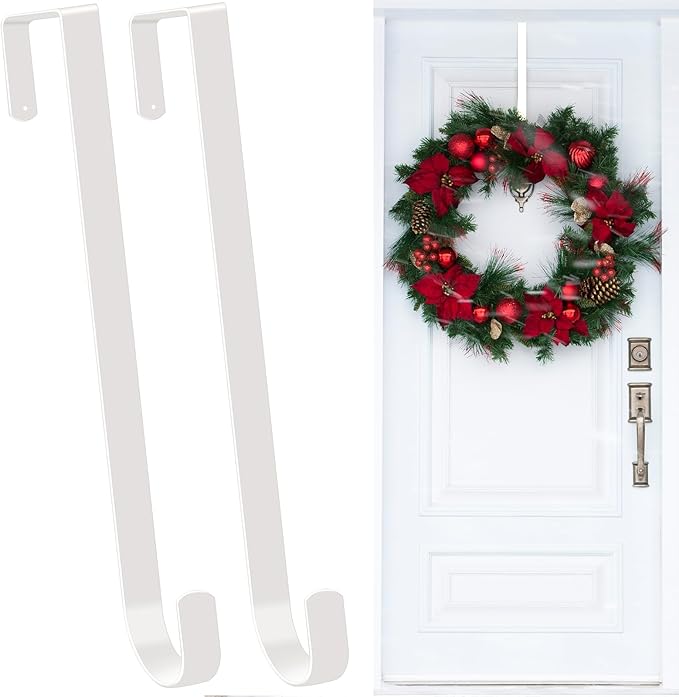 ESFUN Black Wreath Hanger for Front Door, Metal Wreath Hooks Holder Over The Door Wreath Hanger for Hanging Christmas Decorations Xmas Decor (2 Pack-White, 12 Inch)