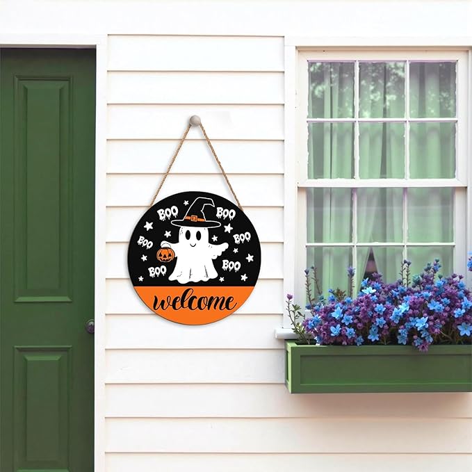 Halloween Door Decorations Cute Halloween Ghost Wreath Welcome Hey Boo Wood Hanger 12x12 Inch Farmhouse Holiday Wall Hanging Decorations for Home Porch Indoor Outdoor Party Supplies