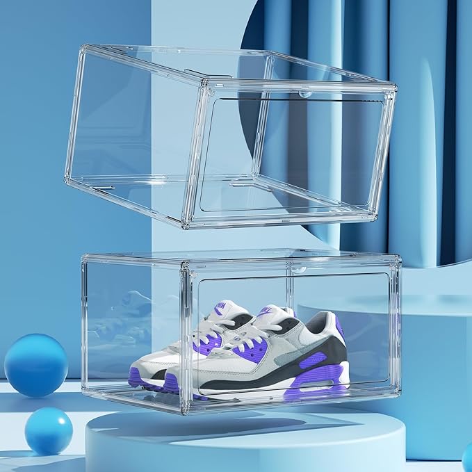 HIYOHIYO 2-Pack Acrylic Clear Stackable Shoe Boxes, 360 Clear Acrylic Display Shoes Boxes, Fully Transparent Display Box with Magnetic Door, Clear Shoe Storage Boxes Stackable, Size 14