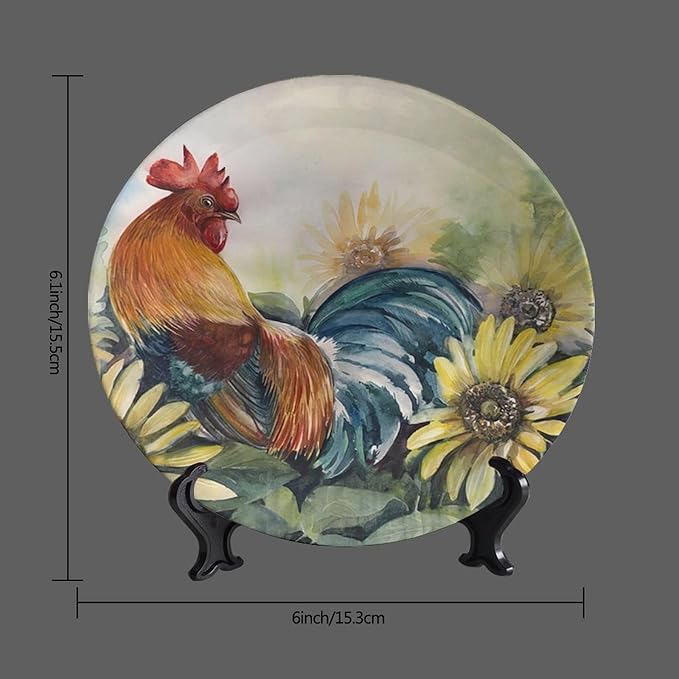 Rooster Decorative Ceramic Plates, 6 Inch, Sunflower Rooster Round Display Plate, Handmade Ceramic Ornament, for Home Kitchen Bedroom Decorative Ornaments
