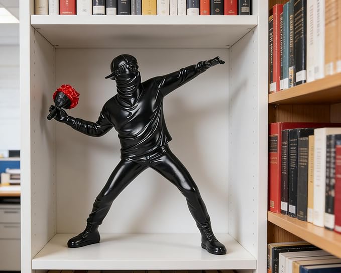 Banksy Flower Thrower Sculpture, 8.5 inch Black Banksy Street Graffiti Art Statue Replica, Inspirational Sculpture Gifts Peace Hope
