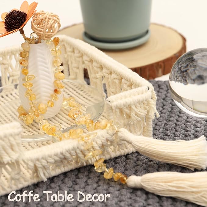 Natural Gemstone Bead Garland with Tassel,31inch Farmhouse Rustic Country Table Decor Prayer Healing Beads Boho Wall Shelf Hanging Decoration (Citrine)