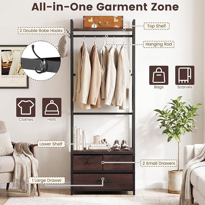 Tangkula Freestanding Small Clothes Rack, Heavy Duty Coat Rack with Drawers, Shelves, Hooks & Hanging Rod, Metal Closet Organizer Garment Rack, Industrial Hall Tree for Entryway, Hallway, Bedroom