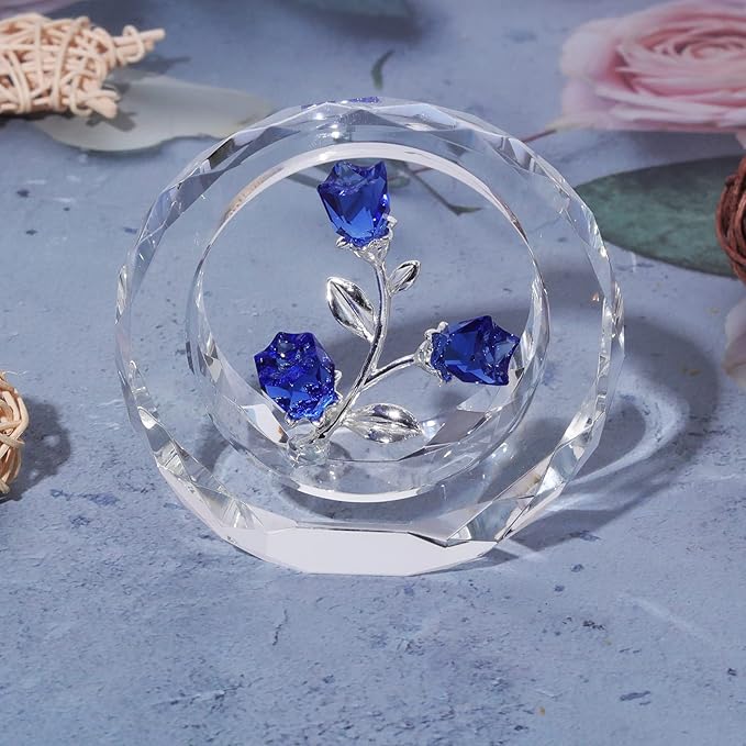LONGWIN Crystal Tulips Flower Figurines with a Outer Circular Ring, Glass Spring Bouquet Collectible Figurines Home Decor Cobalt Blue